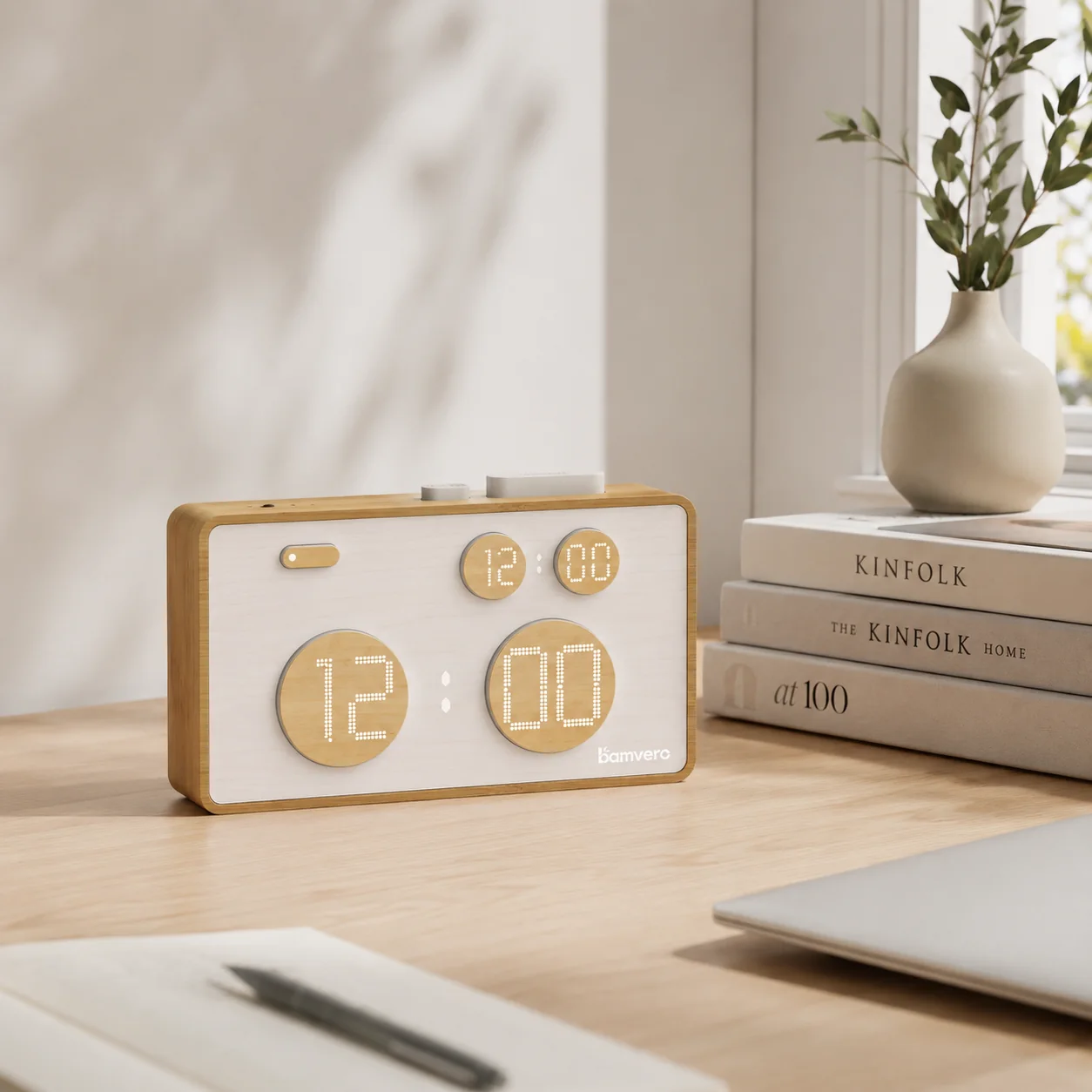 Bamboo button clock staged on a modern office desk for B2B wholesale buyers