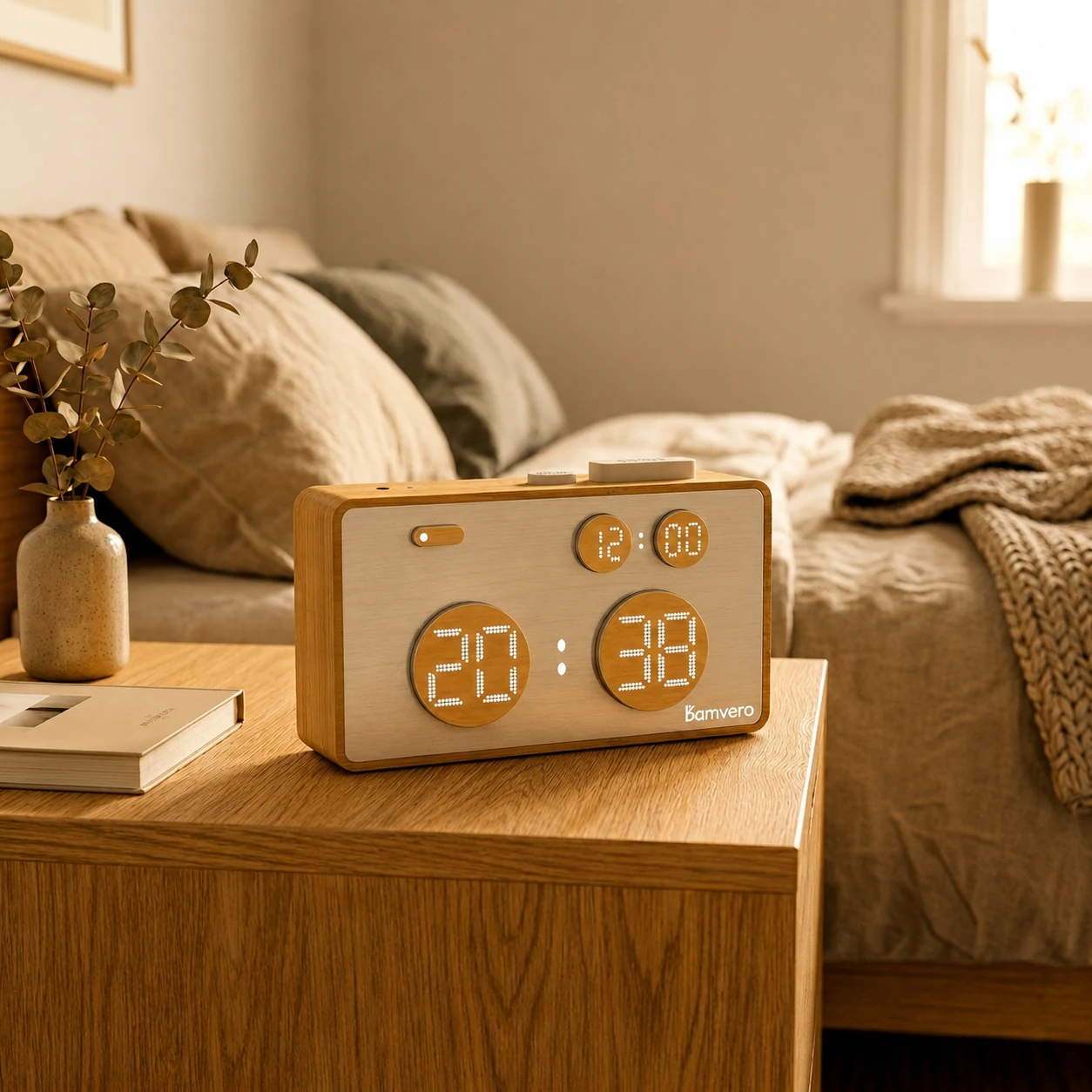 Wholesale Bamboo Fidget Alarm Clock for wellness gift and desk accessory sourcing