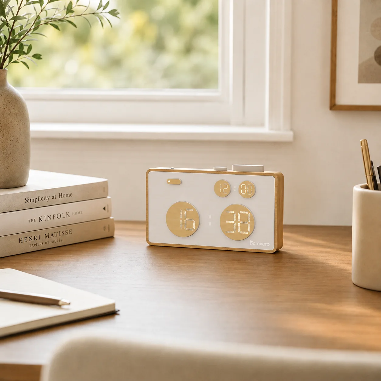 Bamboo white noise alarm clock with circular tactile buttons for custom logo bulk orders