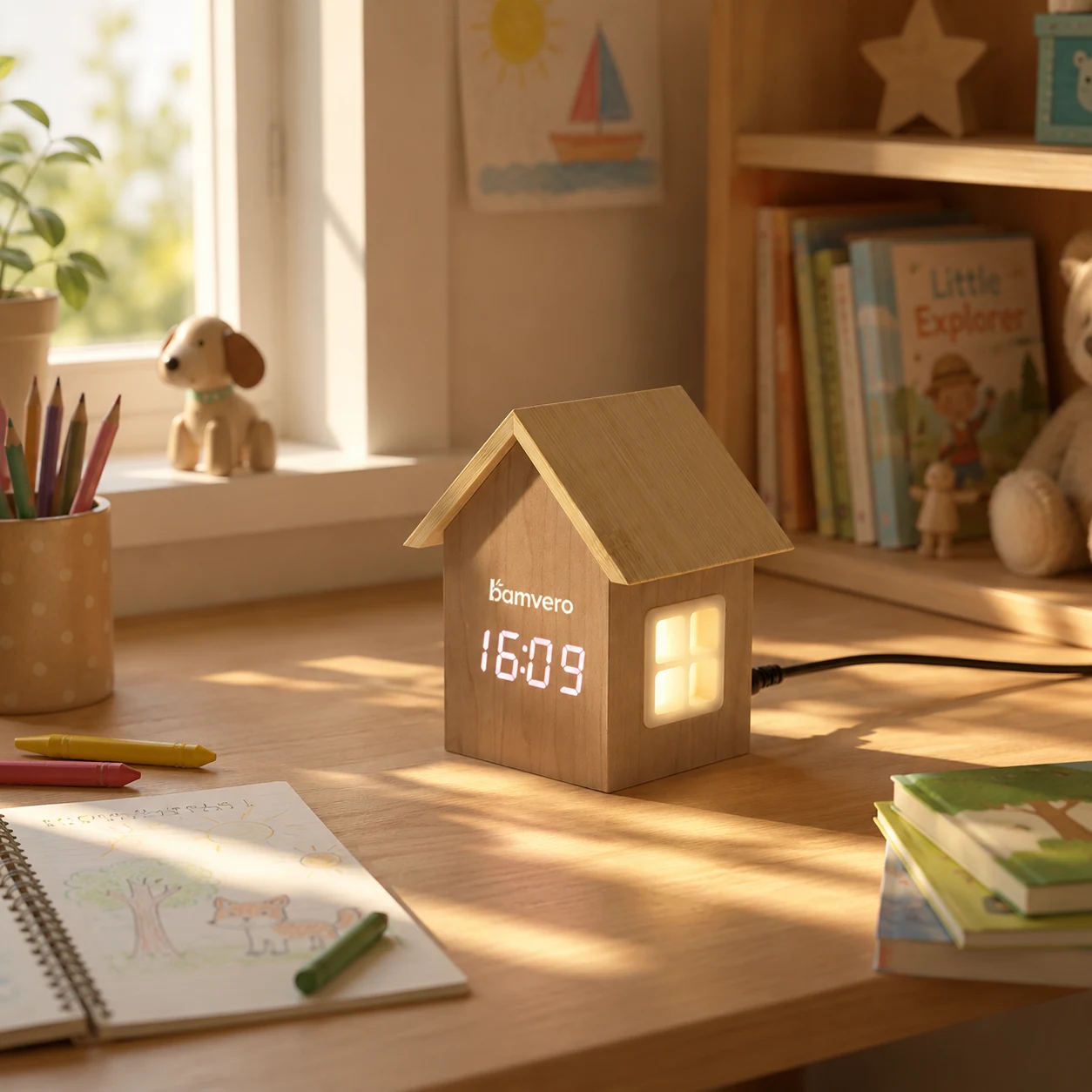 Wooden house clock displayed in a bright children's or family desk setting