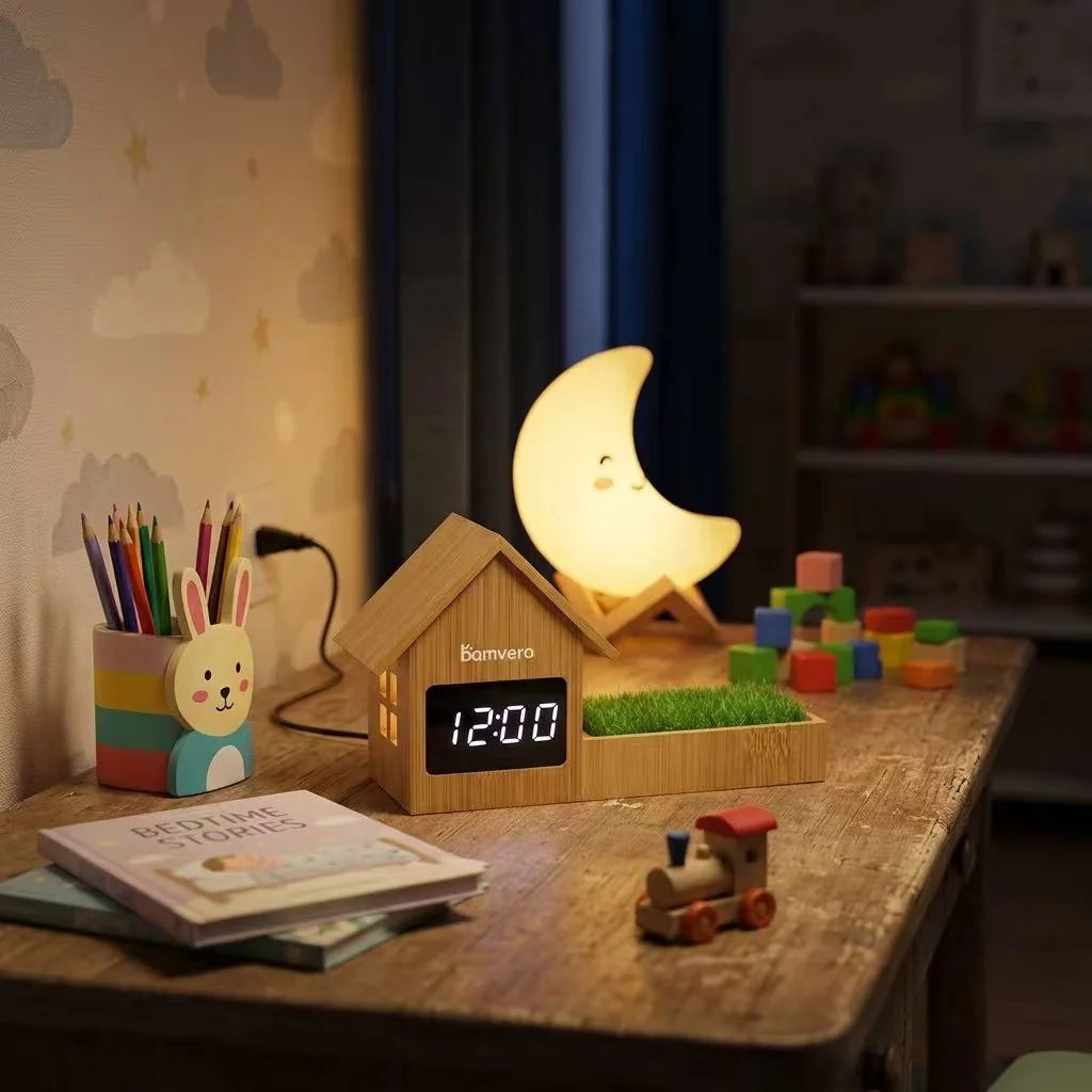 F101 bamboo house clock with ambient light in a night room scene