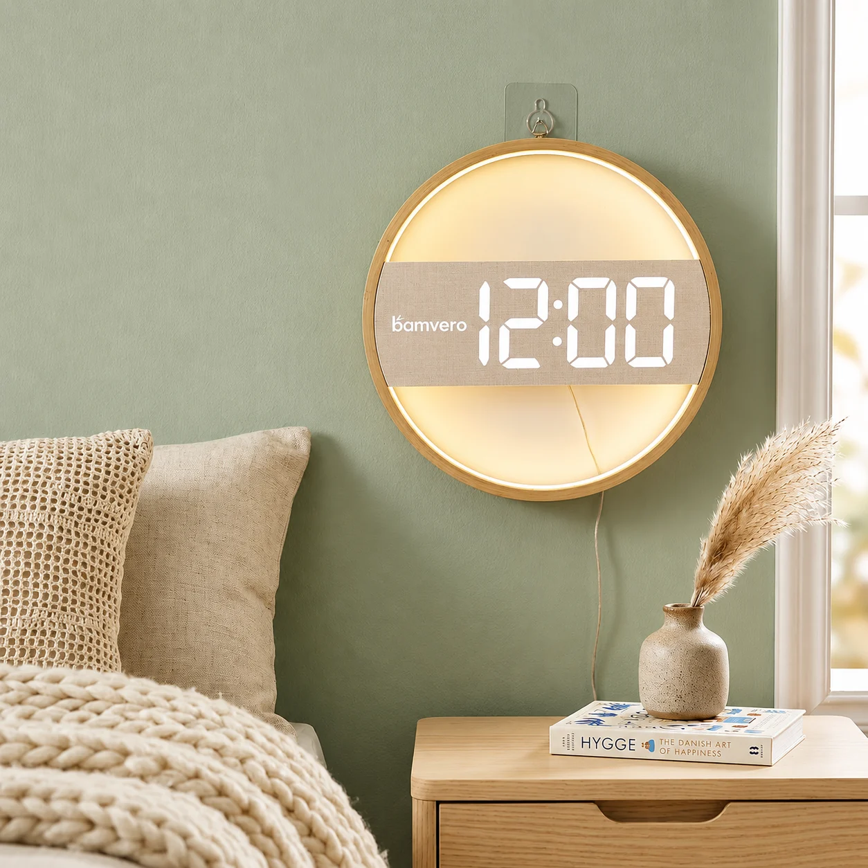 Fabric face backlit bamboo wall clock for wholesale sourcing