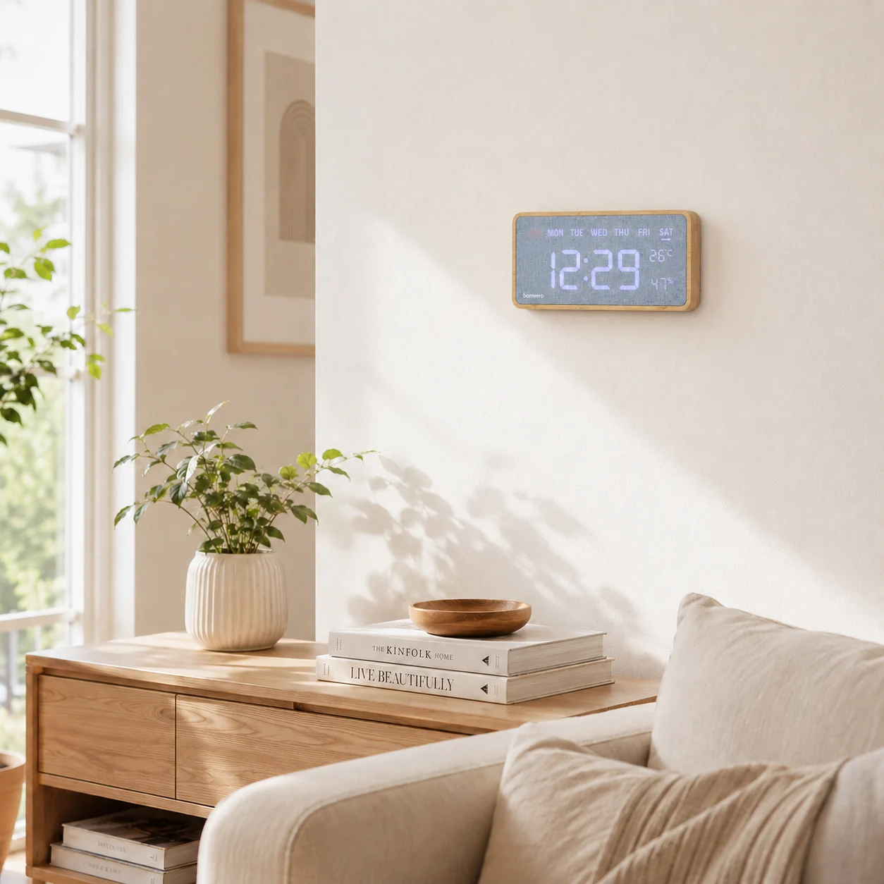 Custom logo bamboo fabric clock mounted in a warm living room