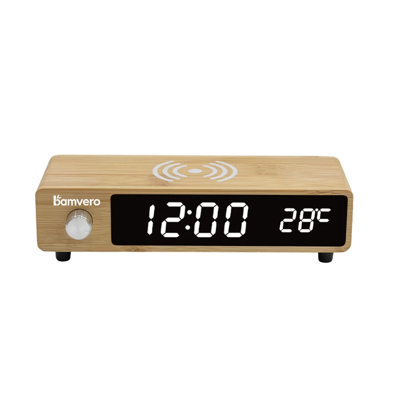 Bamboo wireless charging clock with metal side knob
