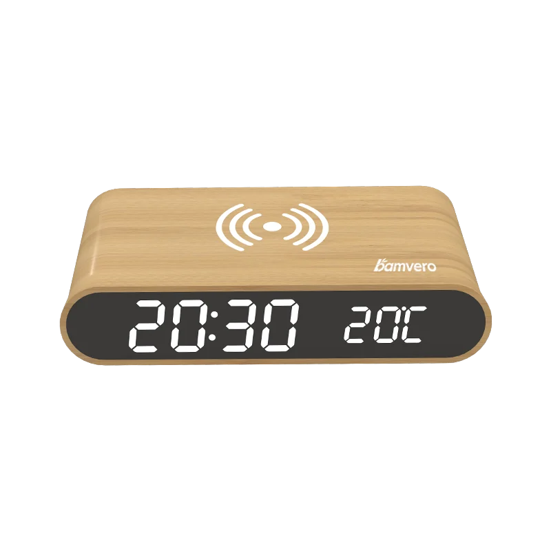 W111 Bamboo Wireless Charging Clock product view for B2B sourcing