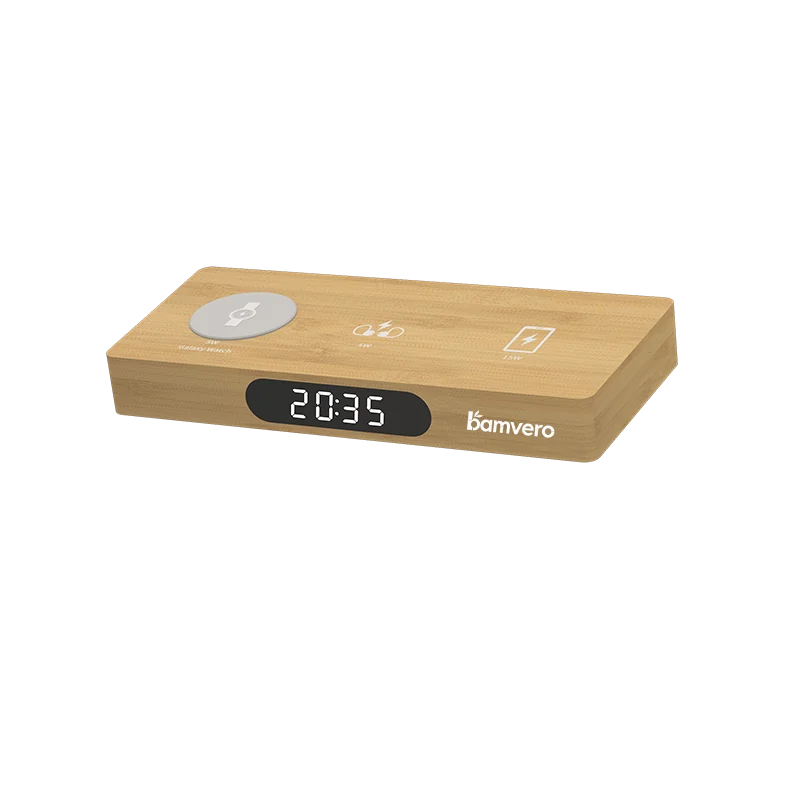 Bamboo 3-in-1 wireless charging clock with LED display for B2B sourcing