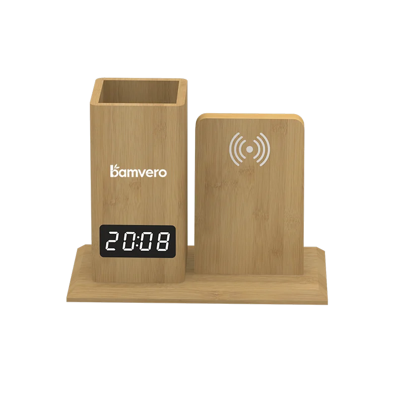 Bamboo wireless charging pen holder clock sample for B2B project review